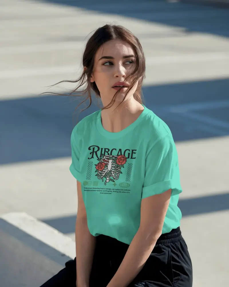 Sunlit Outdoor Tshirt Mockup With Female Model In Rolled Sleeve On Concrete Background