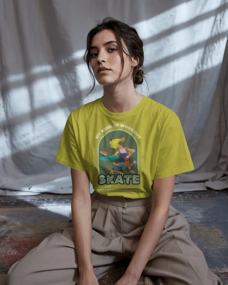 Artistic Studio Tshirt Mockup With Woman In Soft Lighting And Neutral Outfit Against Textured Drapes