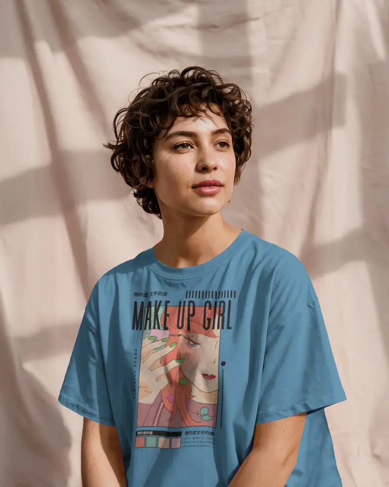 Natural Sunlit T Shirt Mockup Woman With Curly Hair In Soft Light And Neutral Backdrop