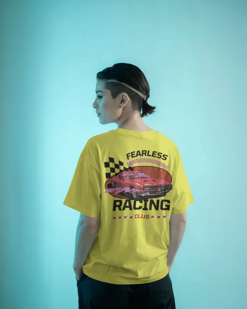 Neon Glow T Shirt Mockup Modern Model With Undercut Back View Facing Away In Blue Studio Light