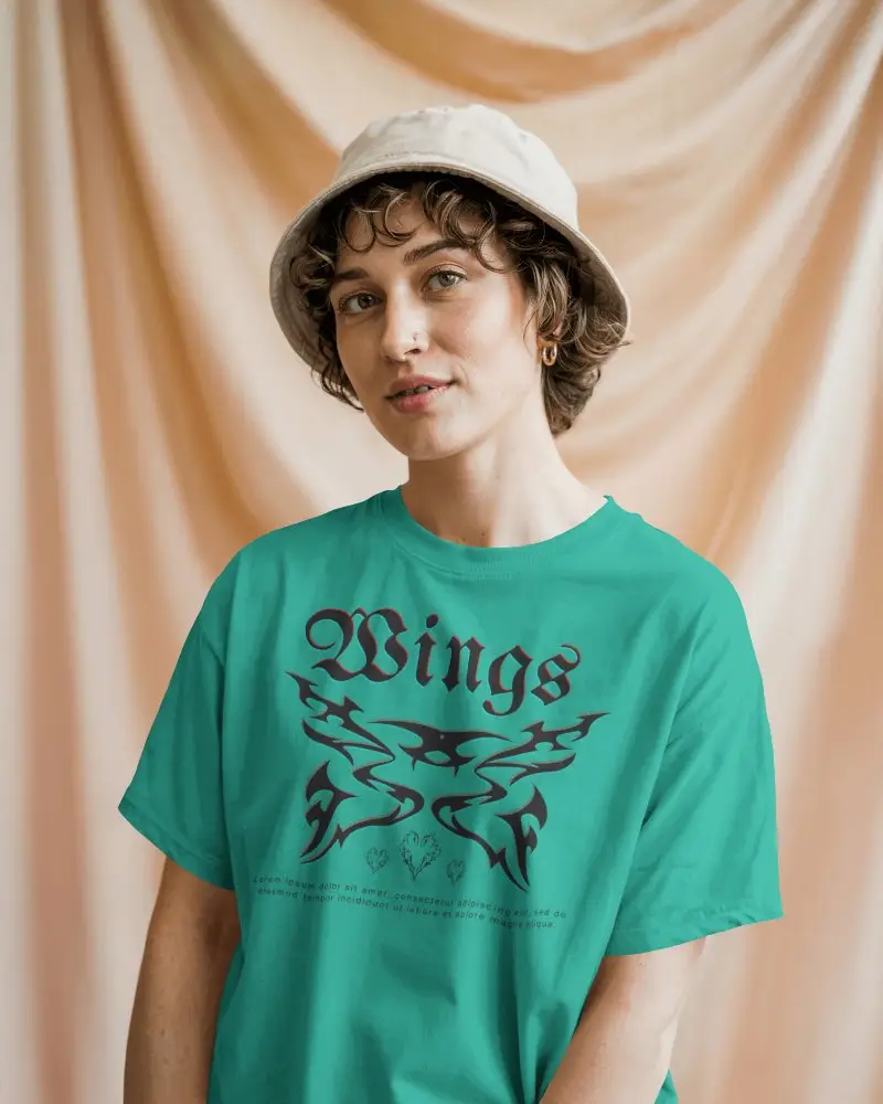 Soft Drape Backdrop T Shirt Mockup Female Model In Bucket Hat