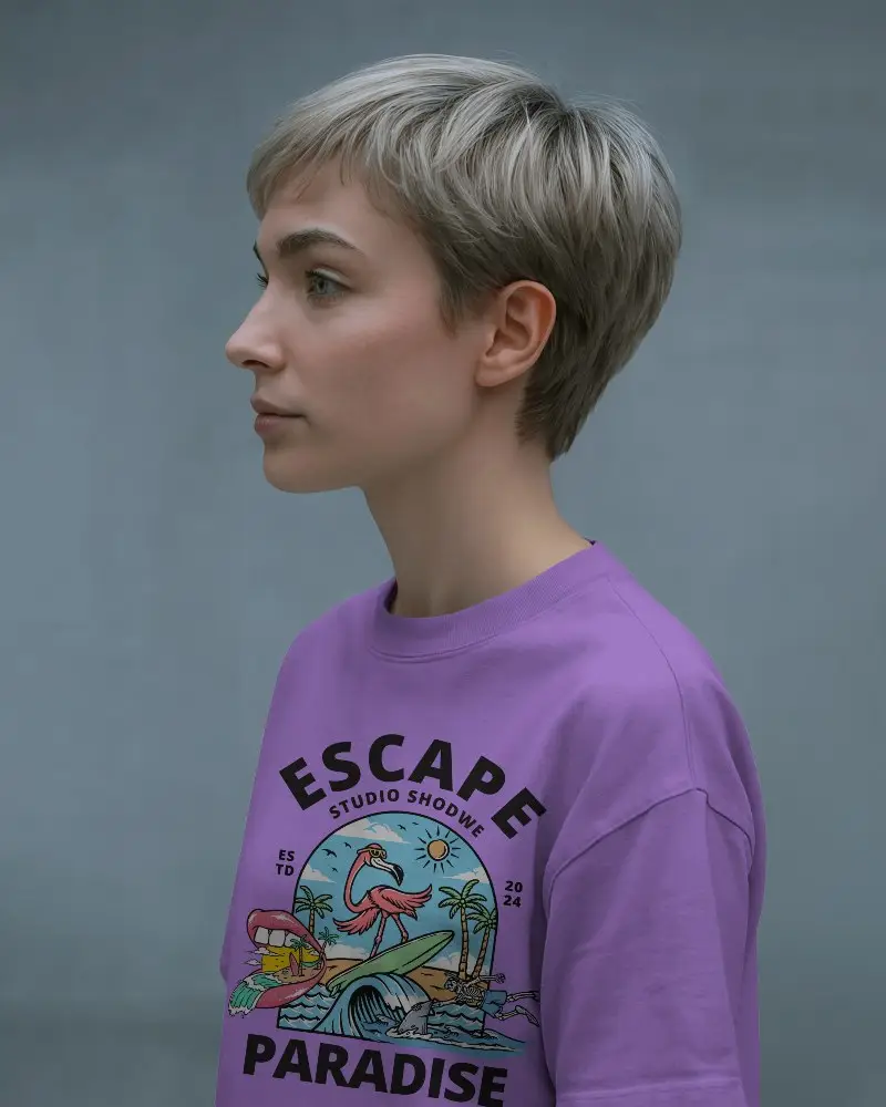 Elegant Blank T Shirt Mockup Female Model Short Hair Soft Expressive Look Profile Shot