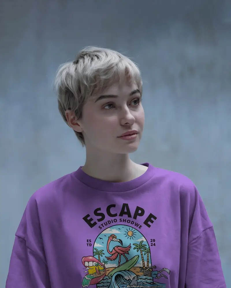 Modern Aesthetic T Shirt Mockup Female Model Front View In Minimal Background