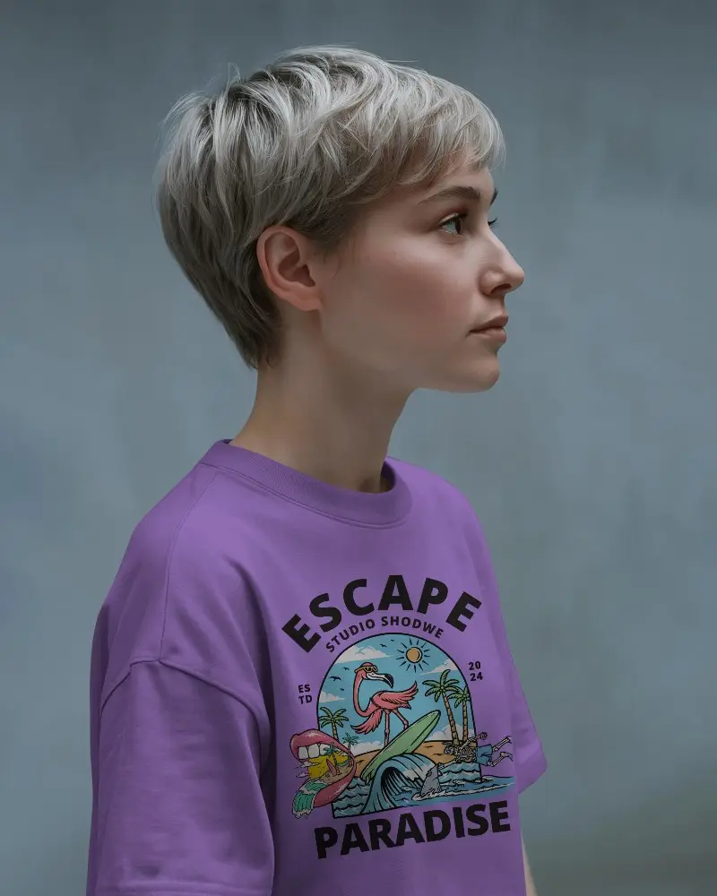 Fashion Ready T Shirt Mockup Female Model Facing Right With Natural Lighting