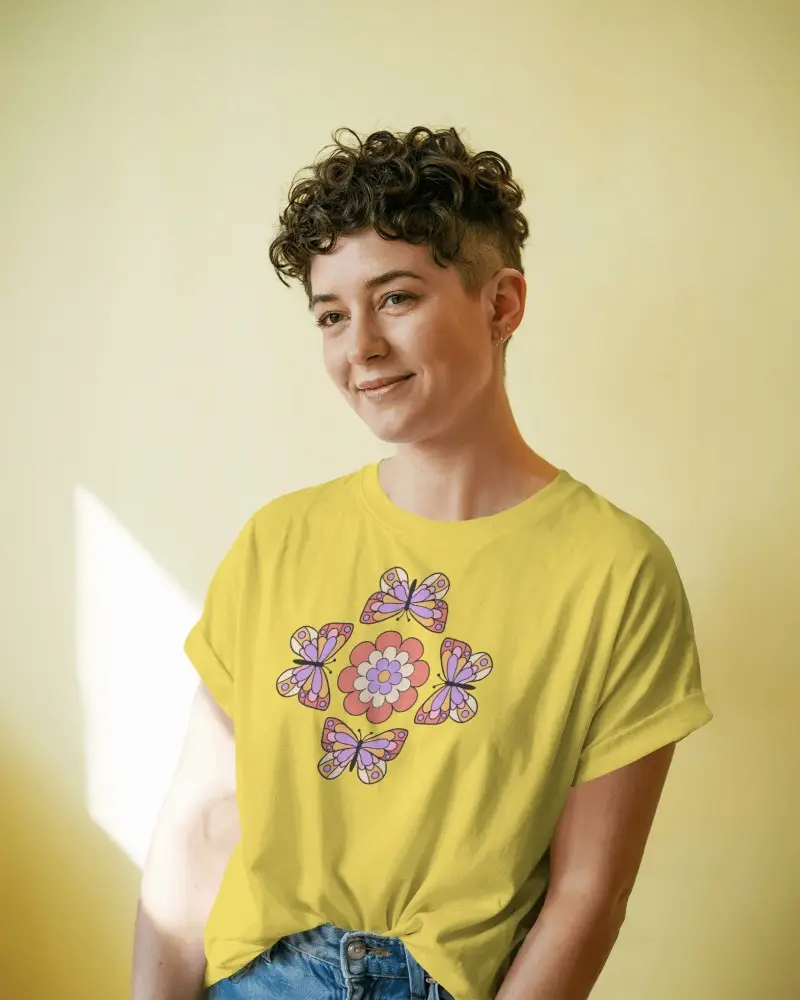 Bright And Warm T Shirt Mockup Model In Tshirt With Sunlight And Yellow Backdrop