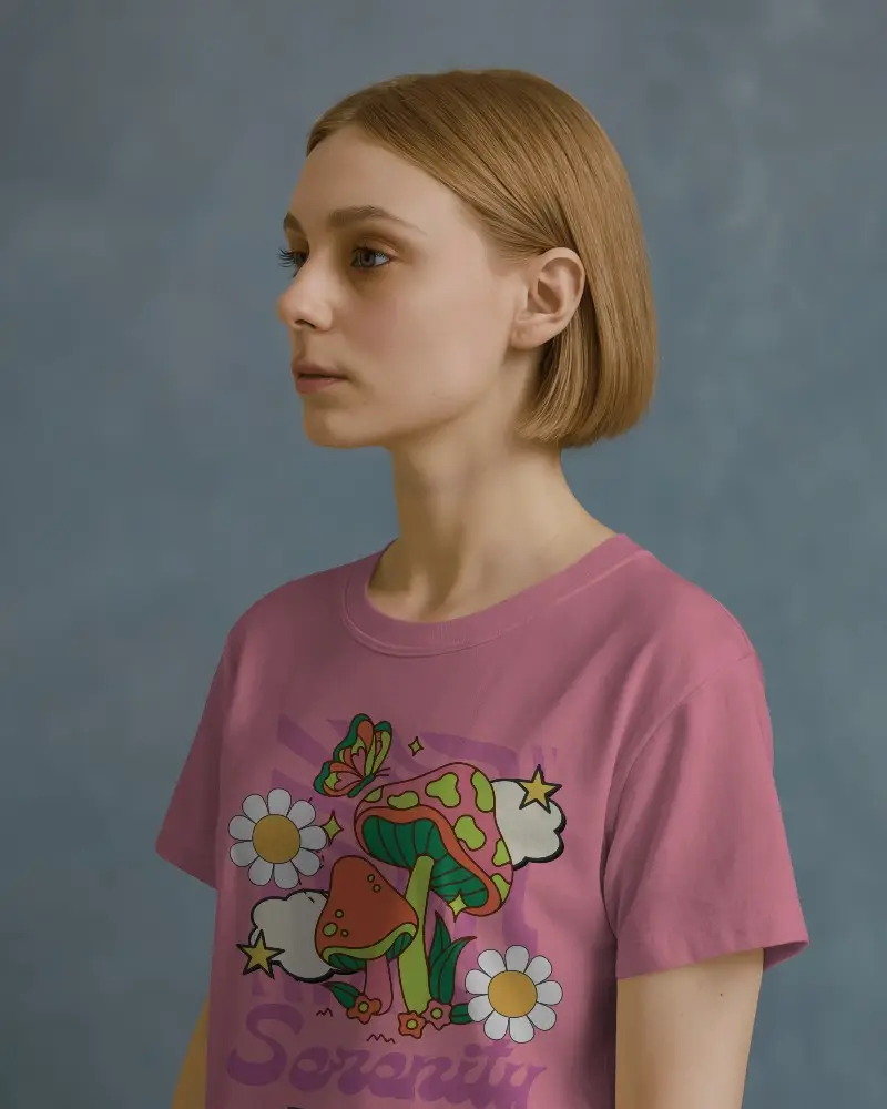 Soft Lighting Side Angle Tshirt Mockup Model With Blunt Bob Hairstyle In Grey Shirt