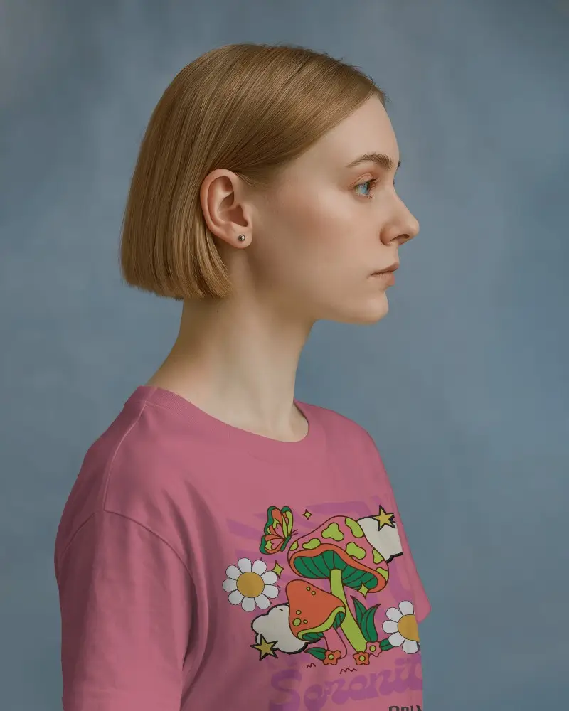 Neutral Tone Half Tshirt Mockup Profile View Clean Fit On Female Model