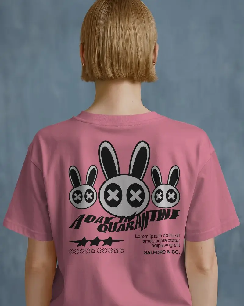 Back View Half Sleeve Tshirt Mockup Female Model With Short Blonde Hair On Blue Background