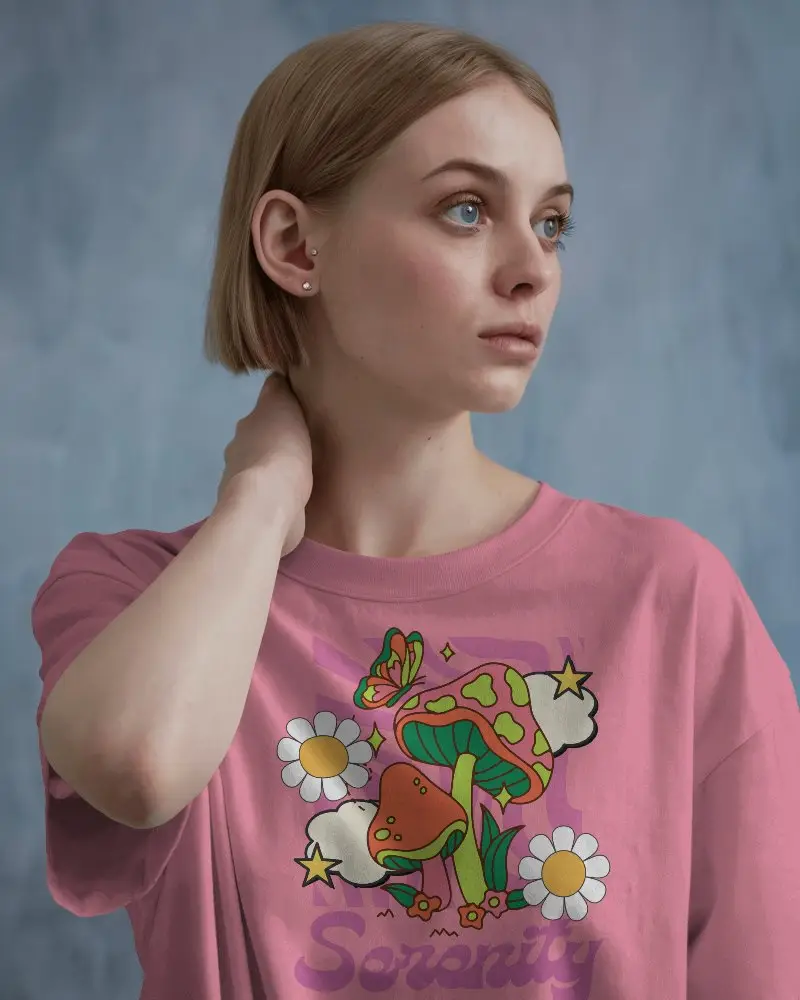 Relaxed Pose Tshirt Mockup Female Model Touching Neck In Light Grey Half Sleeve Tee