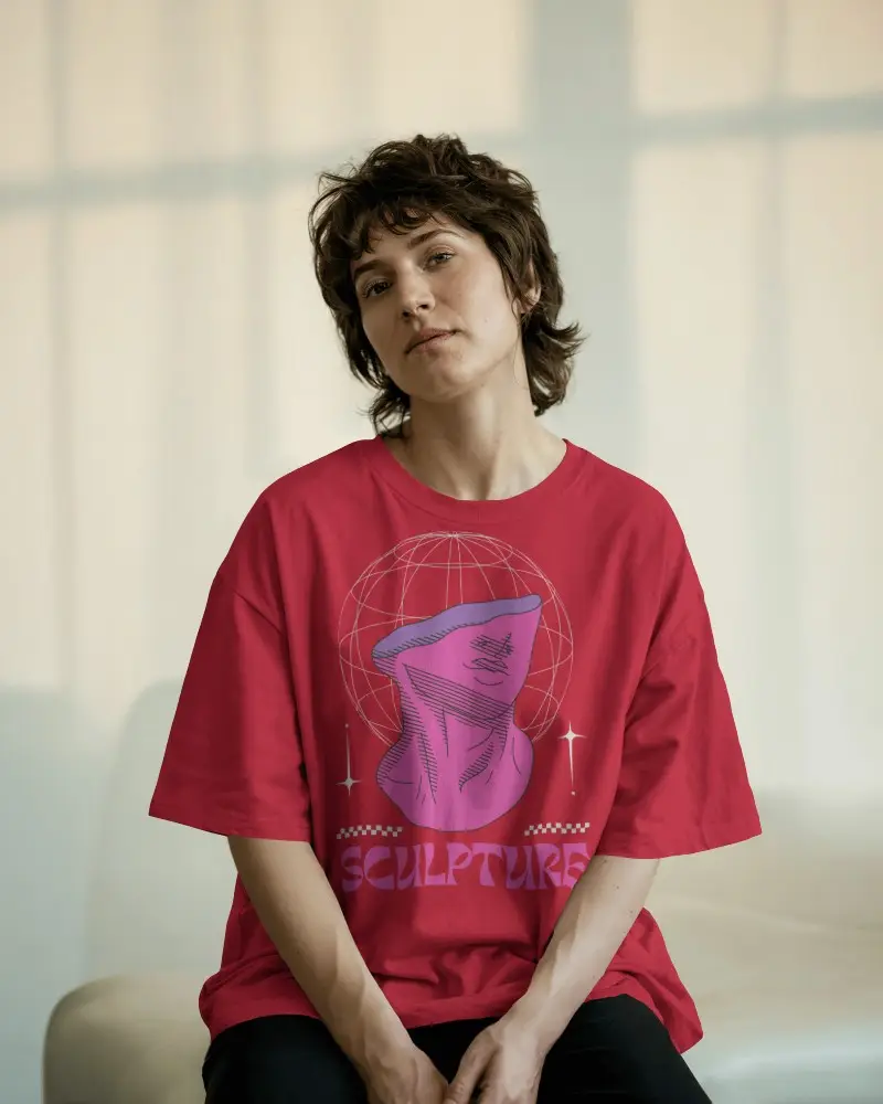 Natural Light T Shirt Mockup Casual Female Model In Relaxed Fit Tee And Modern Setting