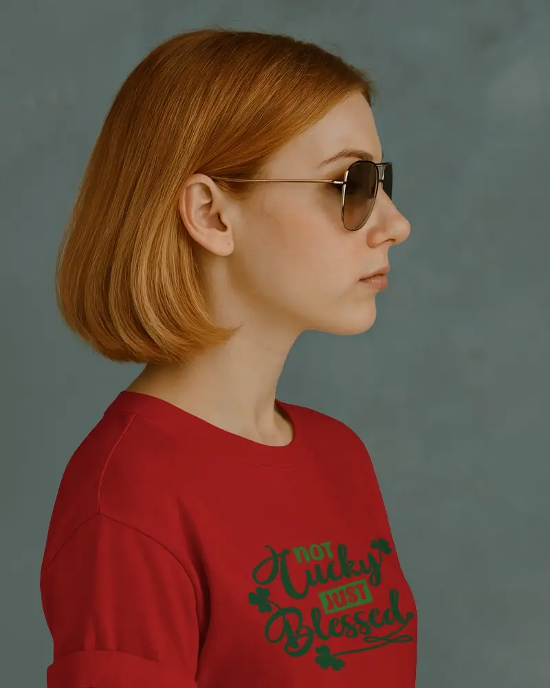 Studio Side Profile T Shirt Mockup Woman With Straight Ginger Bob And Sunglasses Minimal Gray Background