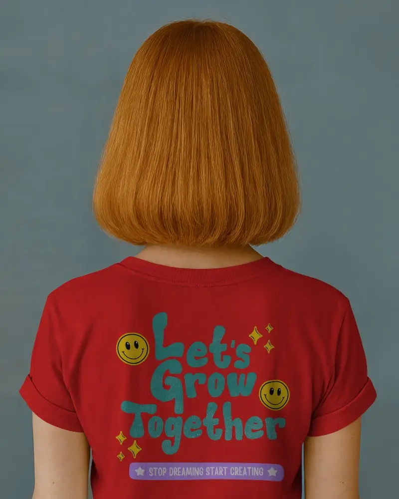 Casual Back Mockup Tshirt On Woman In Gray With Neat Straight Hair Neutral Wall Background