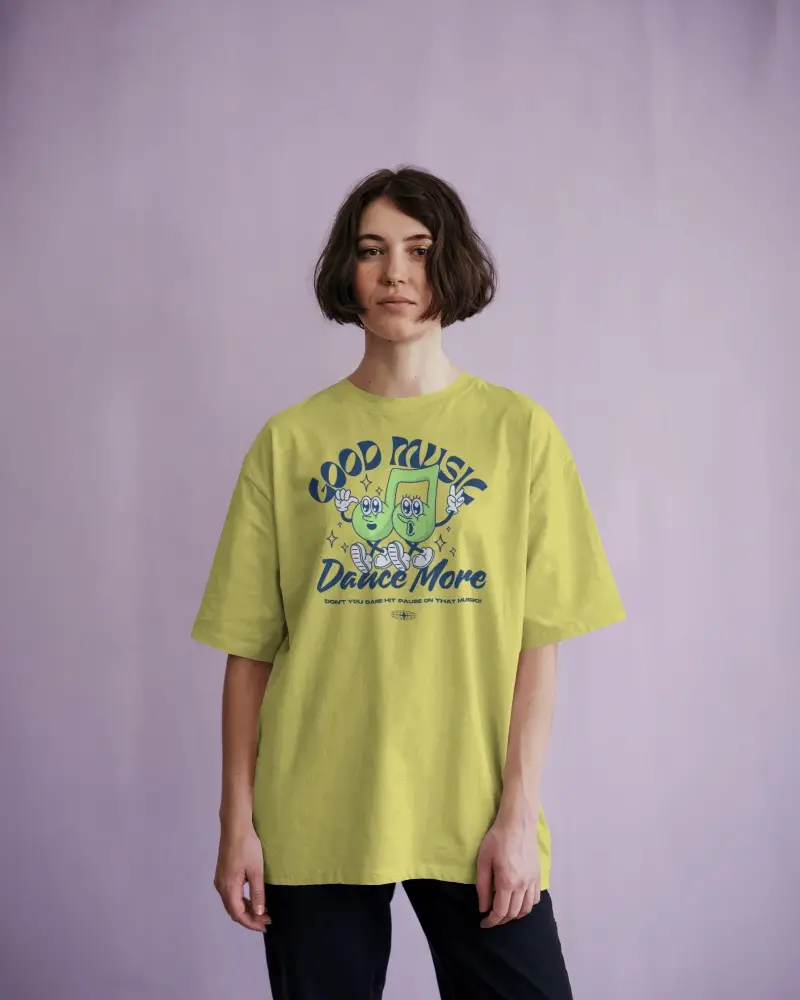 Pastel Backdrop T Shirt Mockup Female Model In Tee Standing In Soft Purple Studio