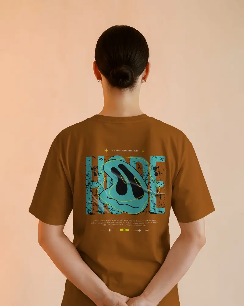 Back View Tshirt Mockup Woman In Gray Half Sleeve Tee With Hands Behind Against Soft Orange Background