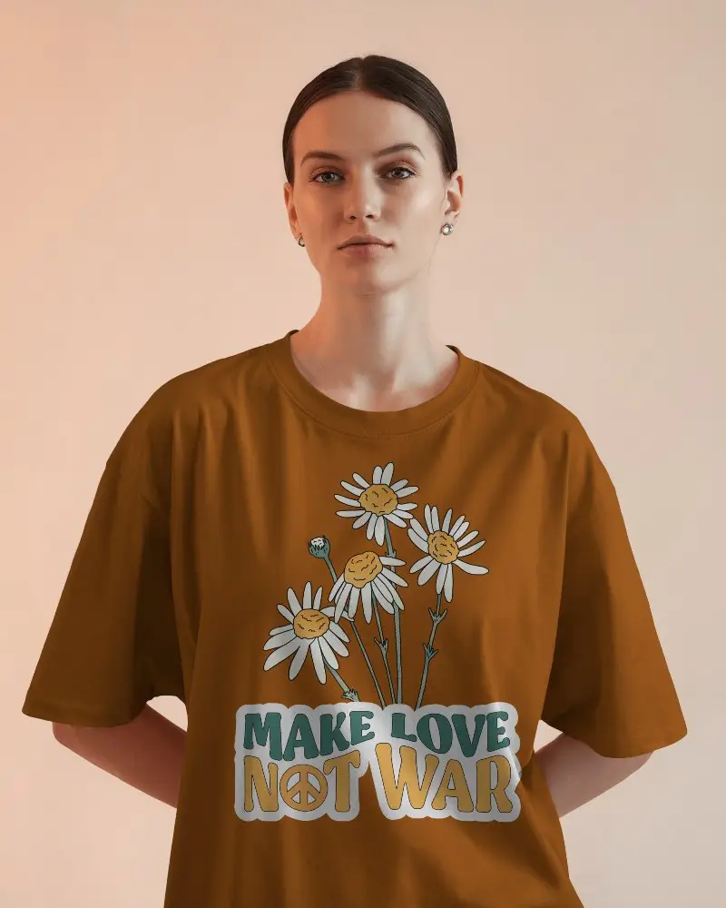 Front View Tshirt Mockup Woman In Light Gray Tee With Hair Bun Facing Camera Soft Orange Background