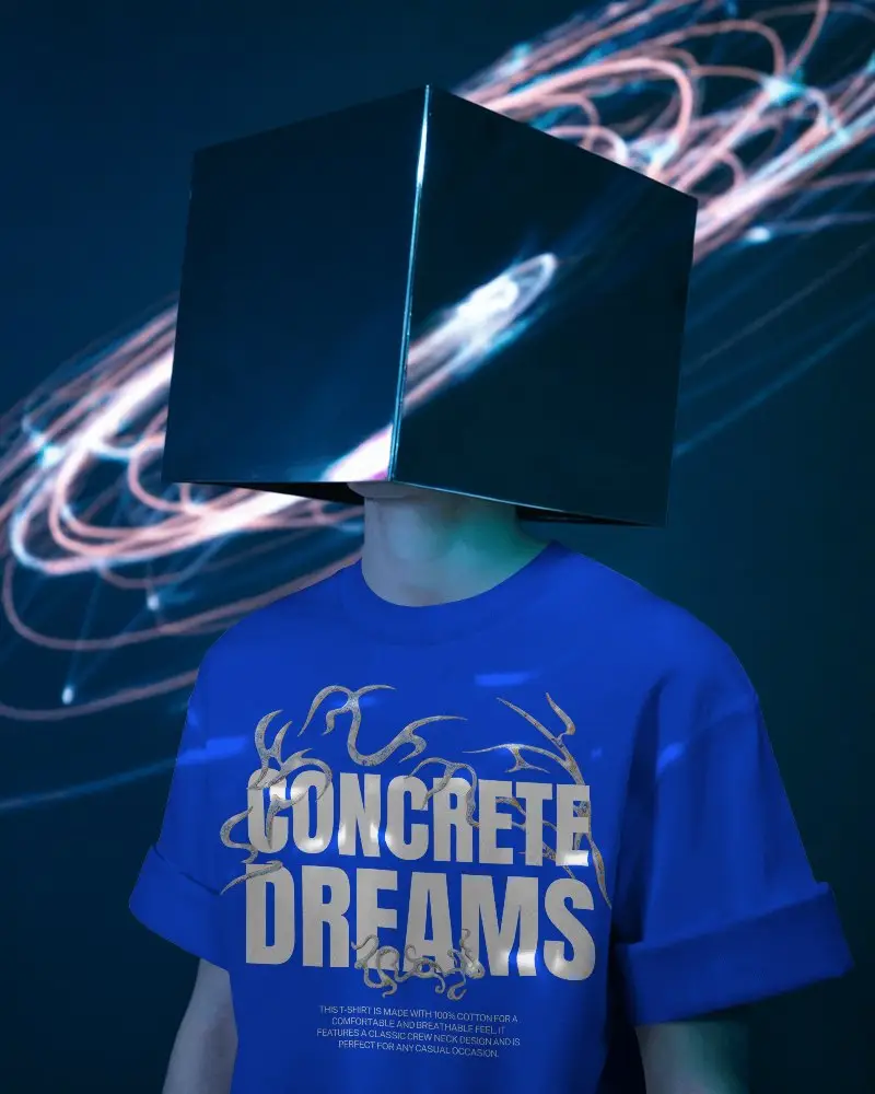 Futuristic Tee Mockup Model With Mirrored Cube Head Wearing Gray Shirt Under Neon Light Trails