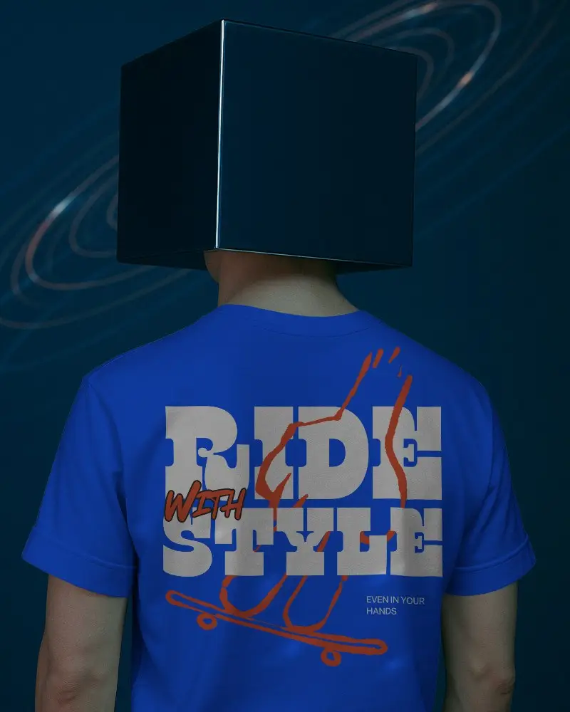 Sci Fi Themed Back Mockup Gray Tshirt With Design Space On Model In Cube Helmet Setup