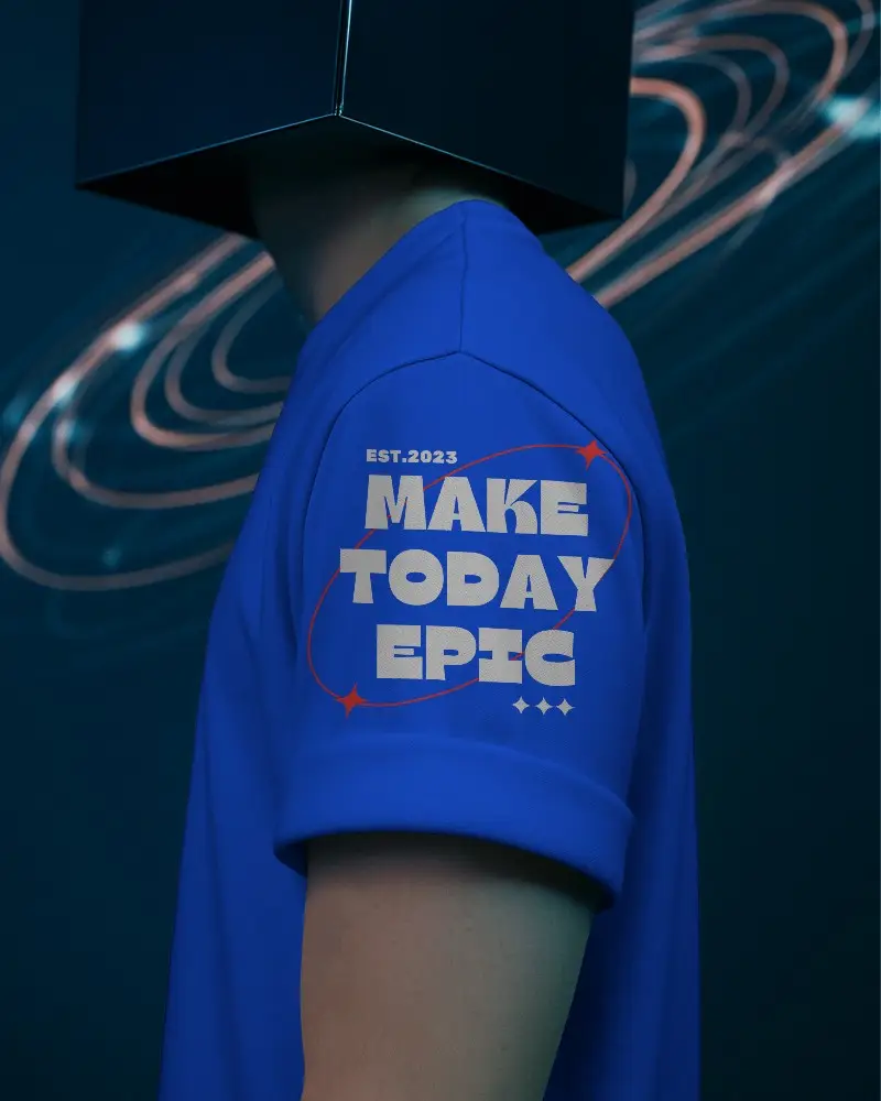 Premium Closeup Arm Mockup Gray Tshirt Under Futuristic Blue Light And Streaks Background