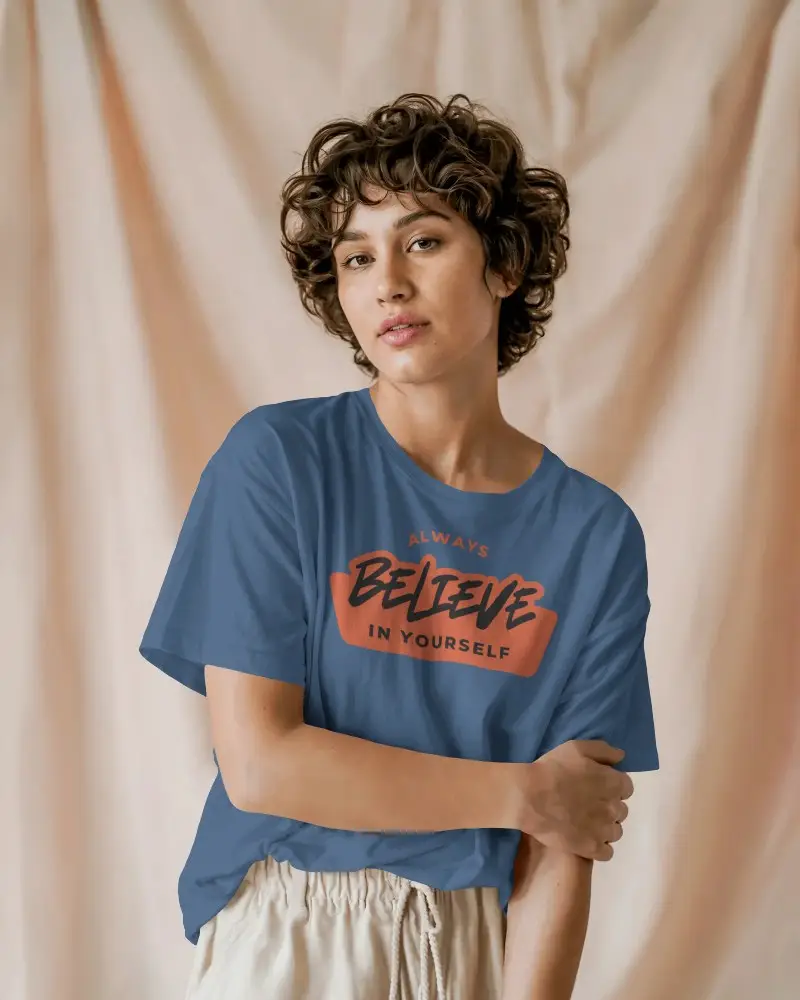 Soft Drape Backdrop T Shirt Mockup Female Model With Curly Hair And Natural Light