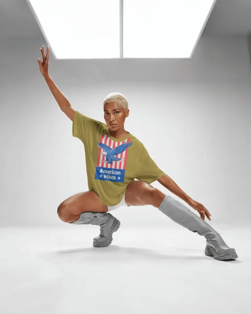 Futuristic Studio T Shirt Mockup Model In Dynamic Dance Pose Under Softbox Light