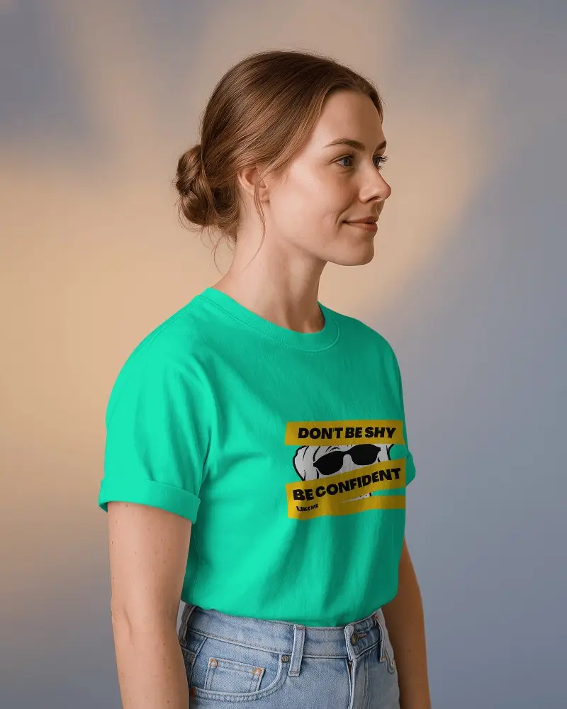 Rolled Sleeve Tshirt Mockup Woman With Bun Hairstyle Light Blue Jeans Modern Lighting