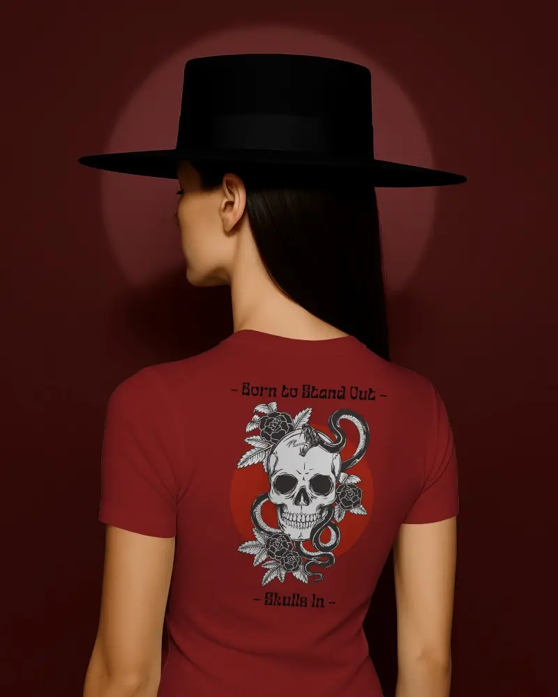 Fitted White Crew Neck Short Sleeve T Shirt Mockup Back View On Female Model With Wide Brim Hat Deep Red Background Stylish And Sophisticated Aesthetic