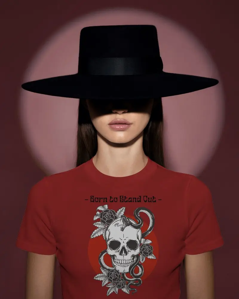 Fitted White Crew Neck Short Sleeve T Shirt Mockup Front View Female Model In Black Wide Brim Hat Shadowed Eyes Deep Maroon Backdrop Bold Minimalist Fashion Look