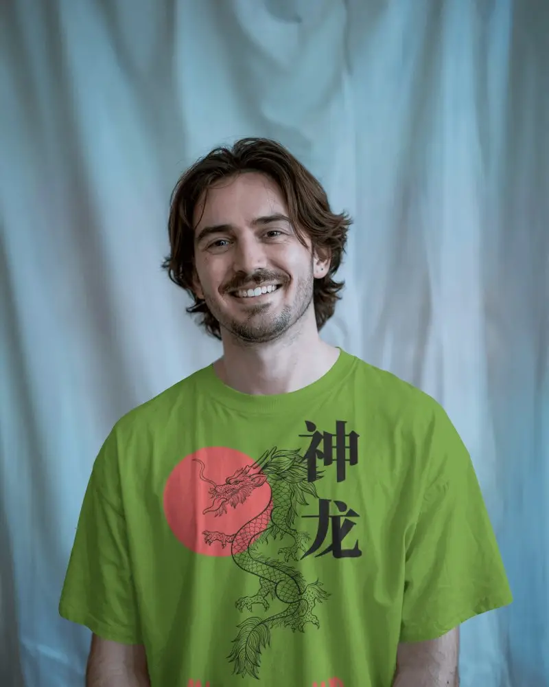 Smiling Man Tshirt Mockup Front View Light Gradient Curtain Soft Lighting