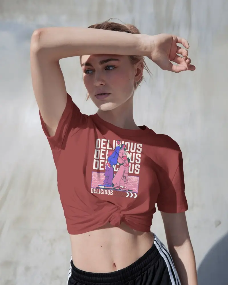 Sunlit Outdoor Tshirt Mockup Cropped Tee Female Model With Arm Raised Over Head
