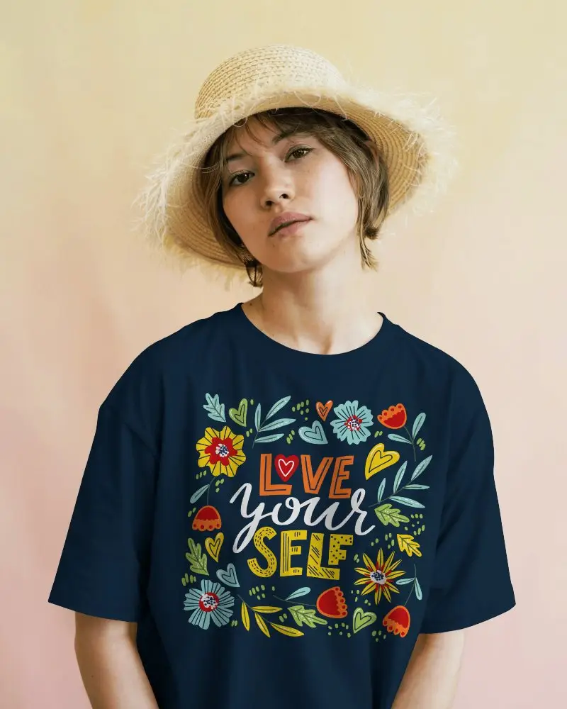 Pastel Gradient Background T Shirt Mockup Female Model Wearing Straw Hat Staring Directly Calm And Minimal Summer Vibes