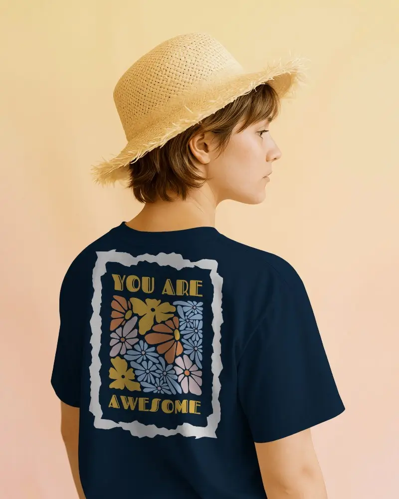 Pastel Background Back Facing Mockup White Tee With Stylish Straw Hat Clean And Modern Aesthetic