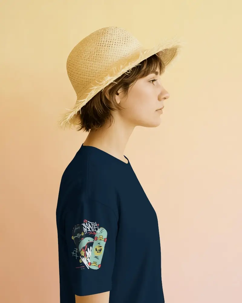 Arm Focus Tee Mockup Shirt Side Facing Model Straw Hat Soft Gradient Studio Light