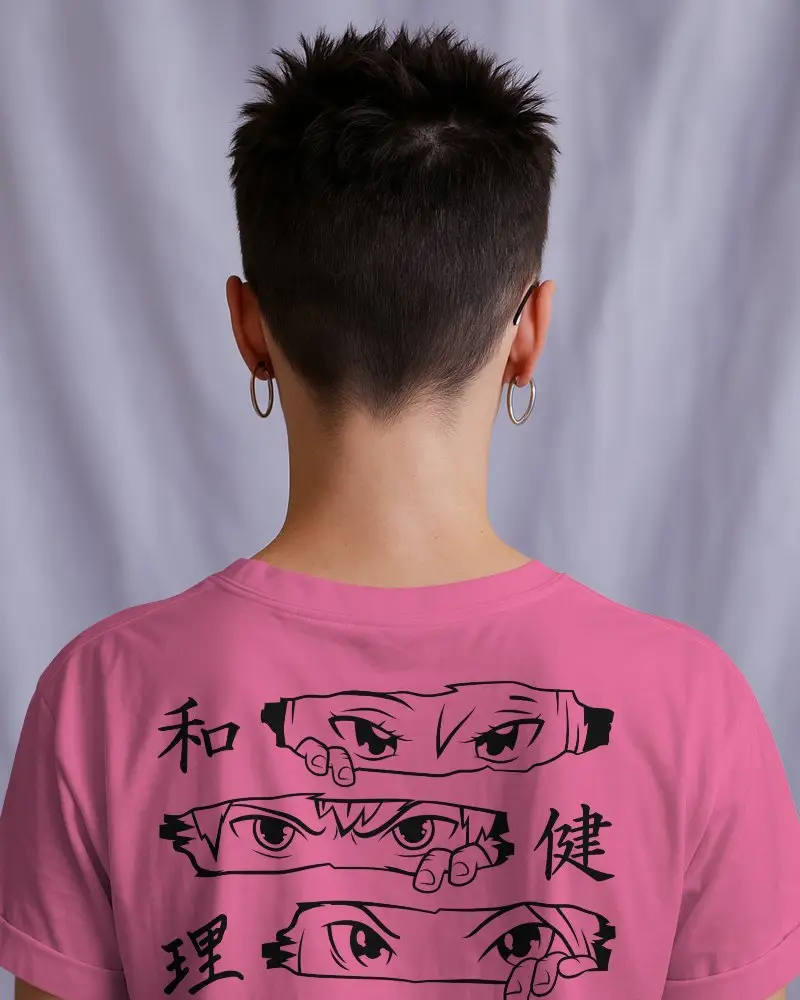 White Crew Neck T Shirt Mockup Back View On Person With Short Spiky Hair And Hoop Earrings Soft Purple Backdrop Clean And Modern Presentation