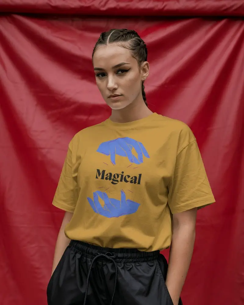 Urban Vibe Tshirt Mockup Fierce Female Model Posing Against Textured Red Drape