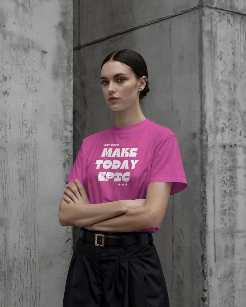 Minimalist Urban Tshirt Mockup Female Model In Tshirt Against Raw Concrete Wall