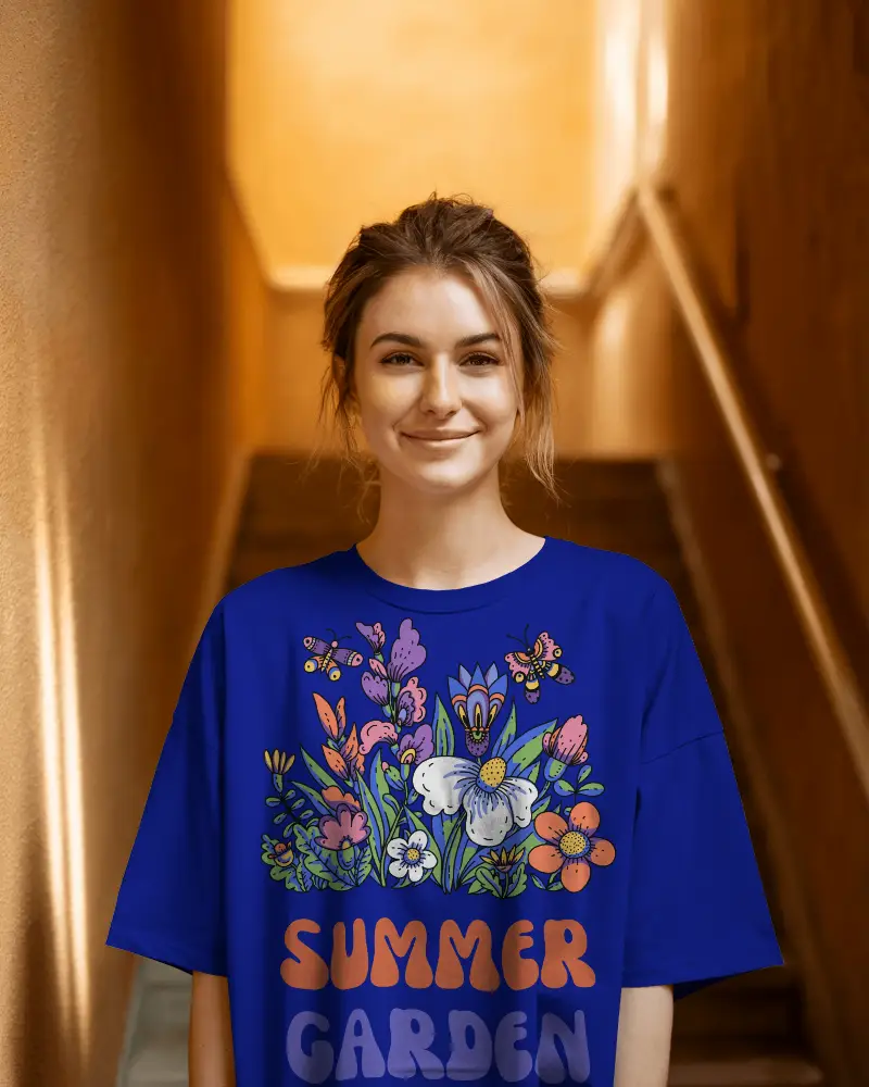 Sunlit Urban T Shirt Mockup Female Model Smiling In Casual White Oversized Tee Soft Warm Lighting Against Textured Stairway Background