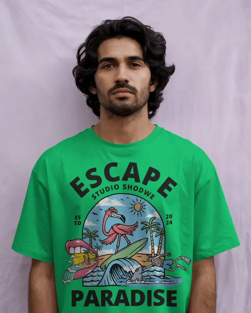 Studio Portrait T Shirt Mockup Male Model In White Oversized Tee Light Purple Textured Backdrop Minimalist Casual Fashion Style