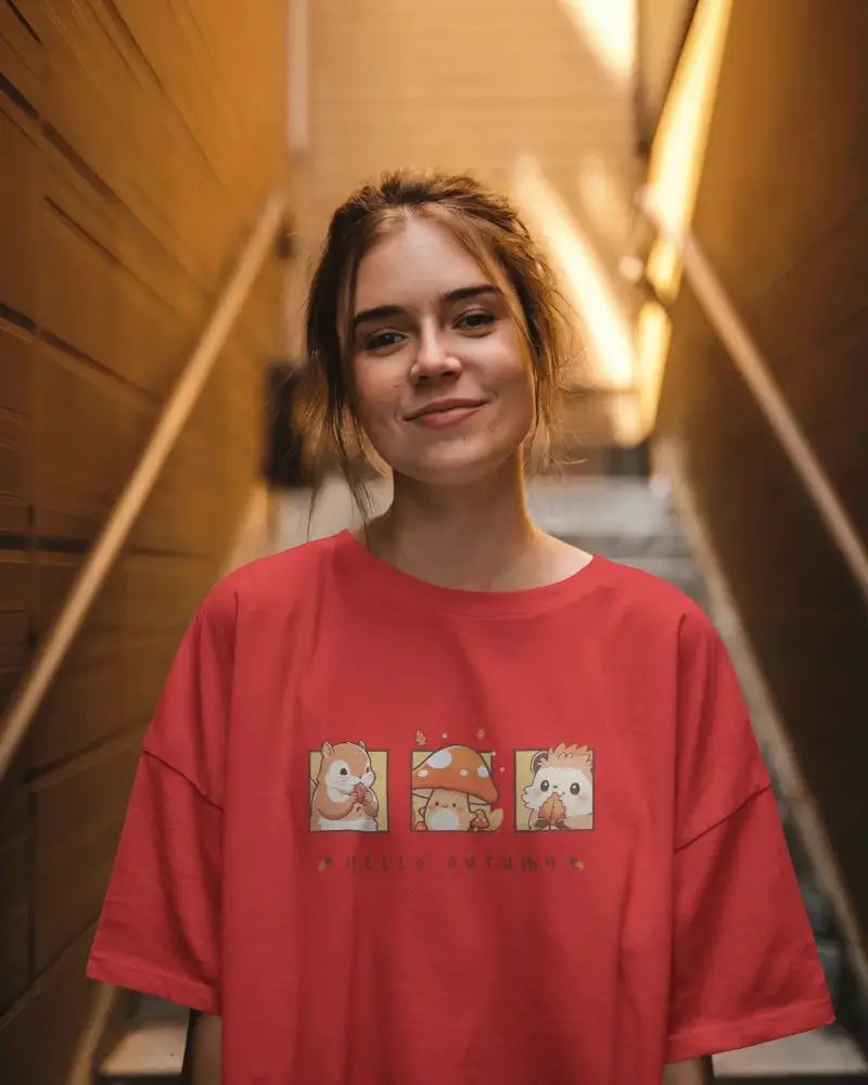 Realistic T Shirt Mockup On Happy Woman In Contemporary Urban Setting Perfect For Streetwear Designs