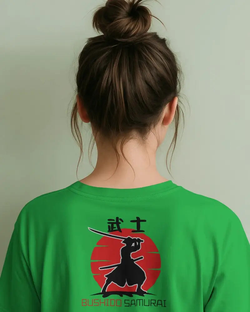 Back View Tshirt Mockup Female Model Messy Bun Soft Sage Background Minimalist Lifestyle Scene