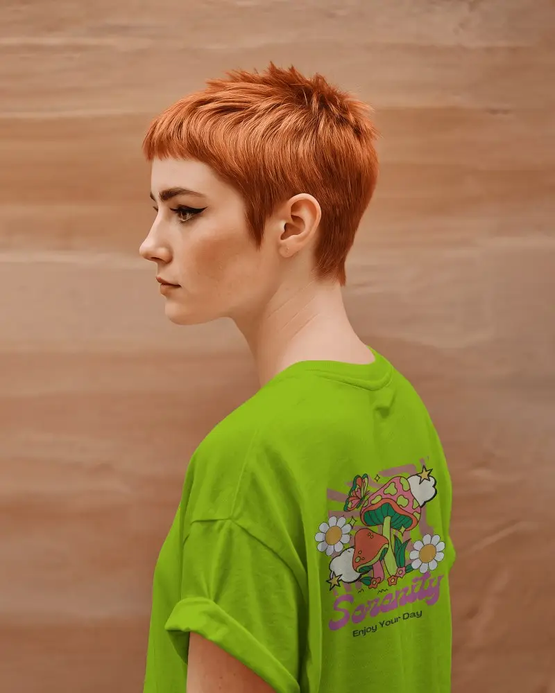 Simple Back Mockup Tee Shirt Cropped Hair Model Soft Earth Backdrop Rolled Sleeve Styling