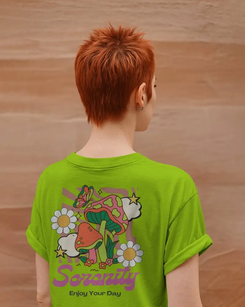 Minimalist Tshirt Mockup Rear Angle Rolled Sleeve Style Modern Fashion Scene Against Sandstone Wall