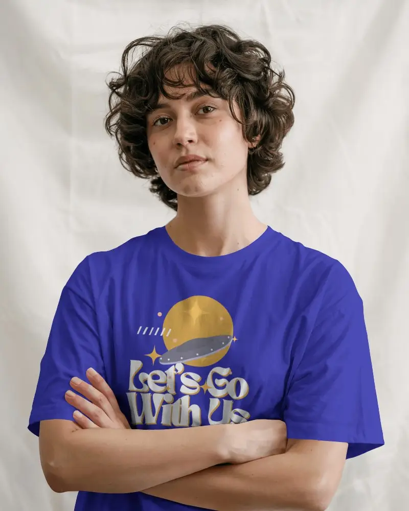 Studio White Backdrop Tshirt Mockup Female Model Crossed Arms Bold Expression