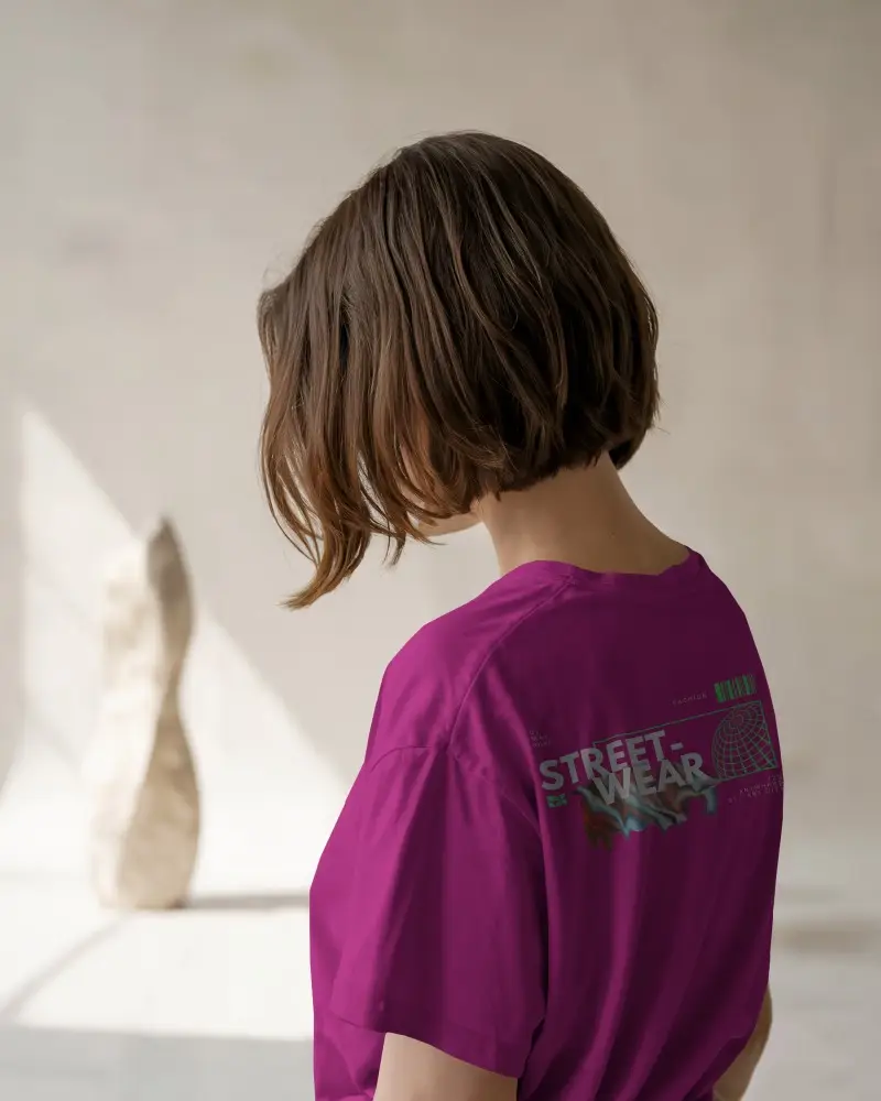 Back View T Shirt Mockup Female Model In White Tee Under Natural Studio Light
