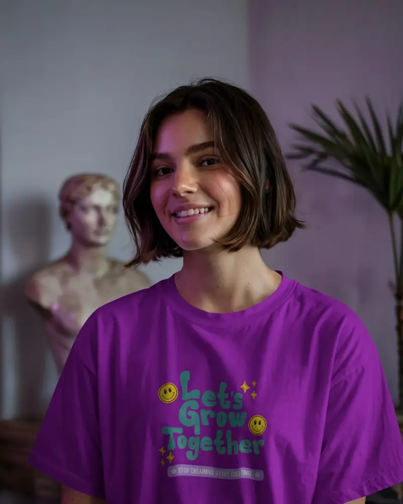 Lifestyle T Shirt Mockup Female Model Smiling In White Tee With Artistic Background