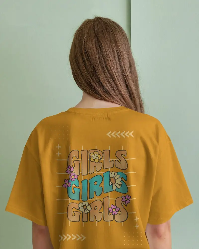 Back View Tshirt Mockup Female Model In White Shirt Against Pastel Green Wall