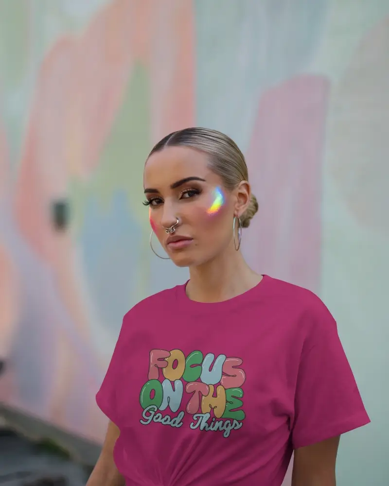 Urban Art Tshirt Mockup Female Model In White Shirt With Rainbow Light Reflections