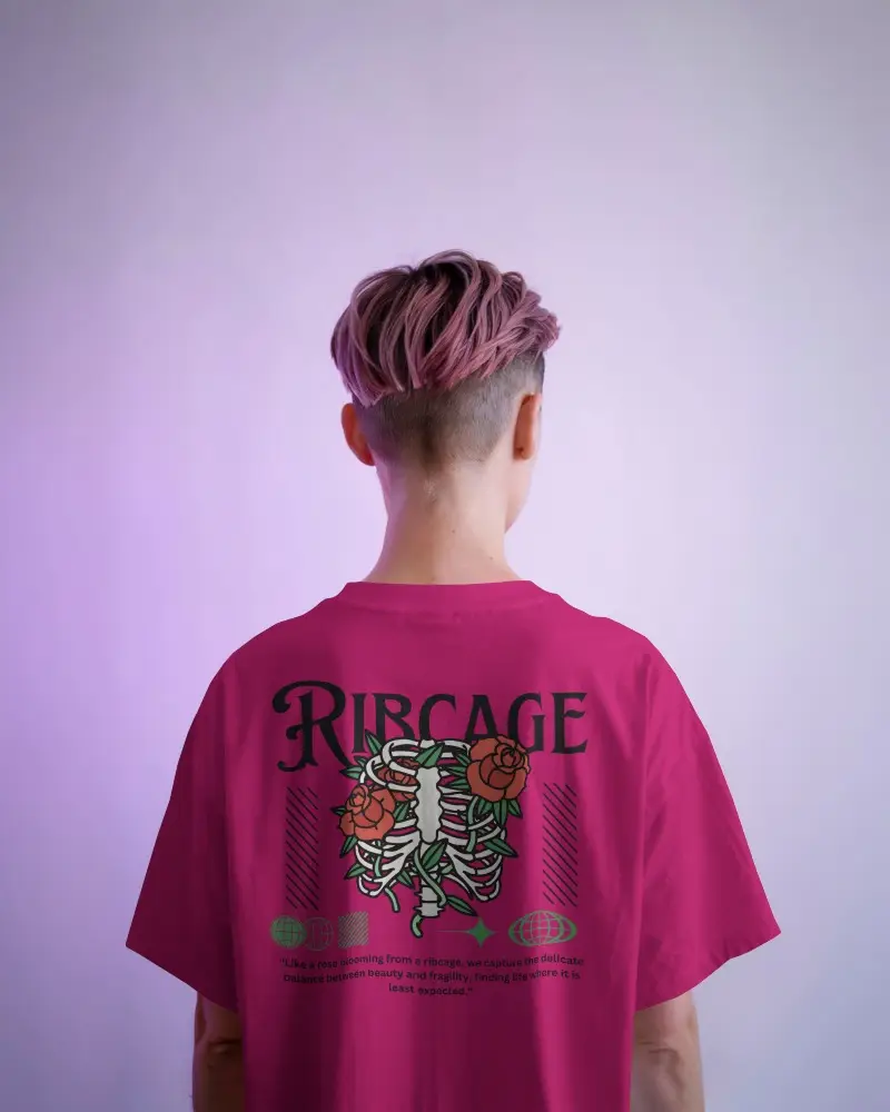 Back View Tshirt Mockup Model With Pink Undercut Hair In White Shirt On Lavender Backdrop
