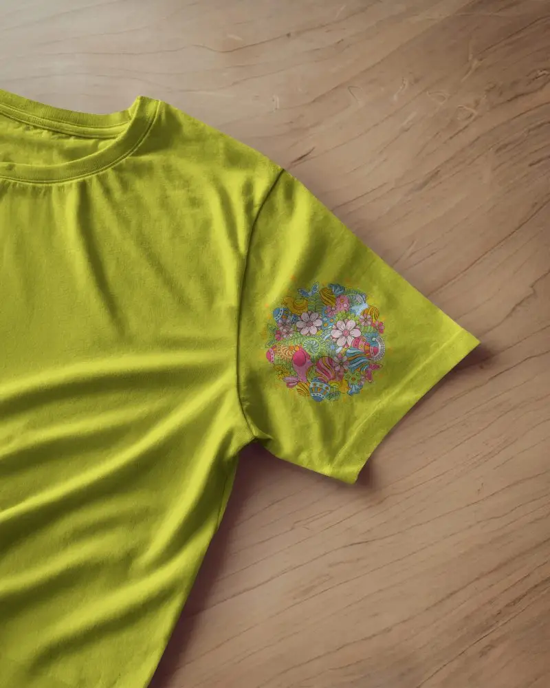 Sleeve Print Tshirt Mockup Folded White Shirt On Wooden Surface Top Down View