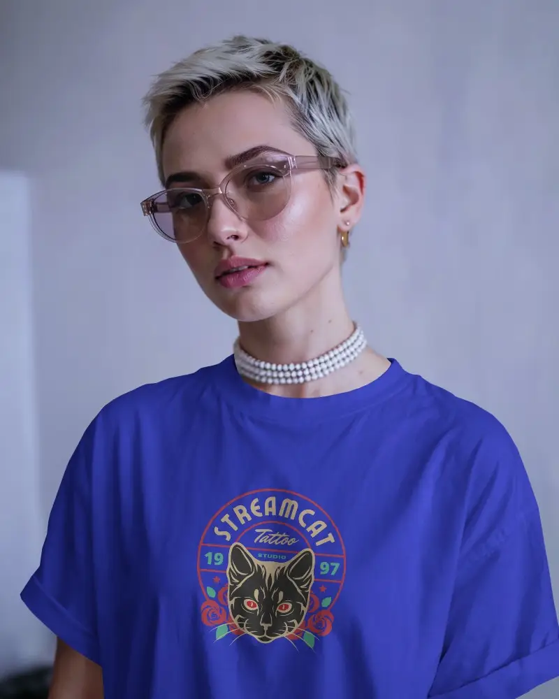 Front Facing Tshirt Mockup Blonde Model In White Shirt With Glasses And Pearls