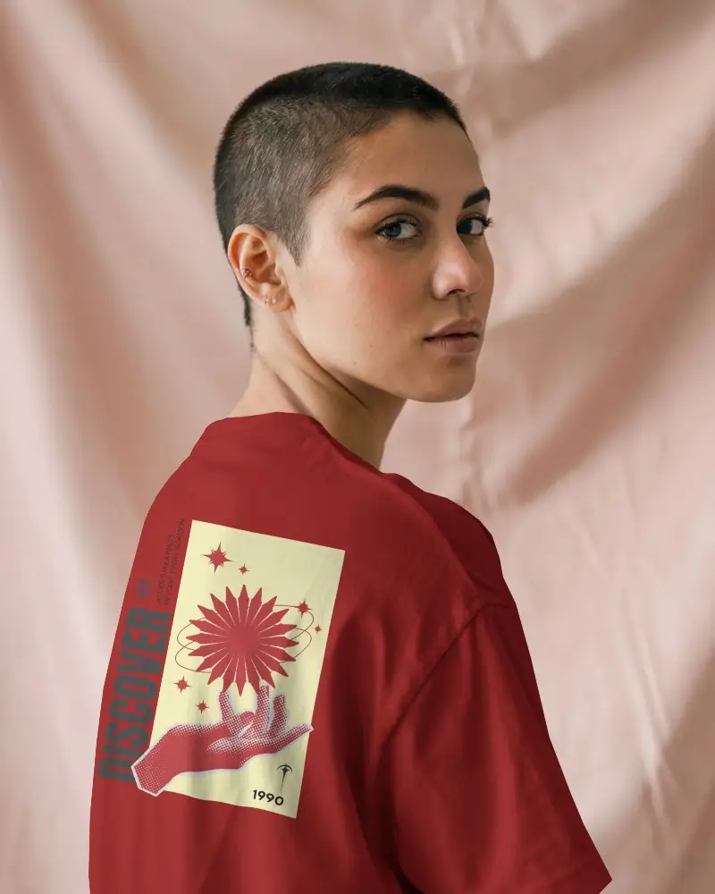 Back View Tshirt Mockup Female Model With Buzzcut Soft Pink Fabric Background Modern Editorial Look